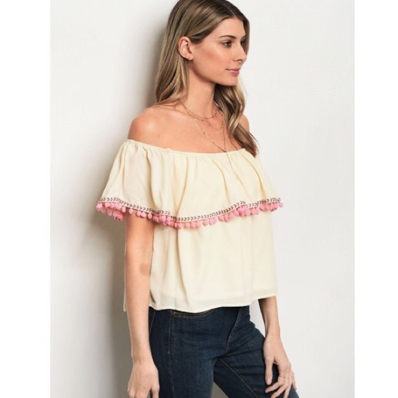 Tayzani Tops - Cream & Pink Off Shoulder Pom Pom Tassel Blouse